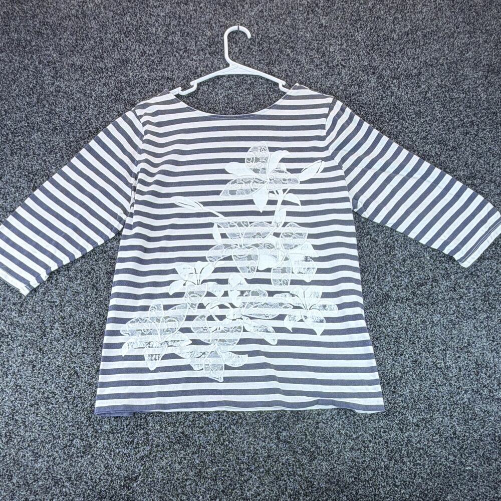 St. John's Bay Women's Navy White Striped Lace Floral Knit Top 3/4 Sleeve 1X